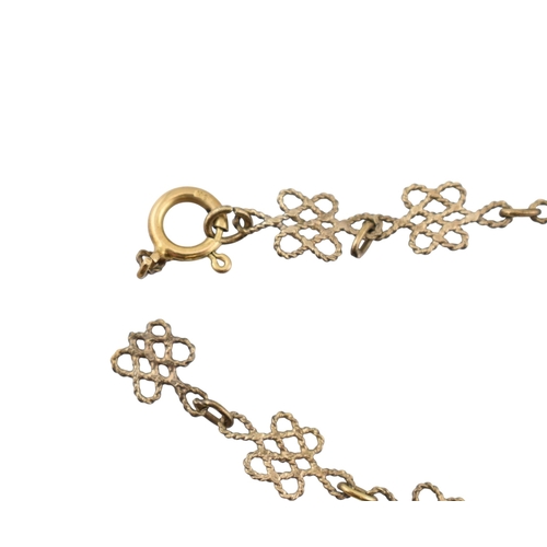 350 - A yellow metal and pearl pendant fancy knot link necklace. AF. Weight 4.8g. Measures 45cm