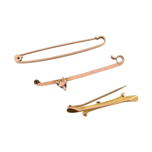 356 - A 9ct gold bar brooch pin together with two other brooch pins one stamped 9ct another unmarked with ... 