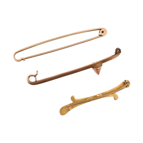 356 - A 9ct gold bar brooch pin together with two other brooch pins one stamped 9ct another unmarked with ... 