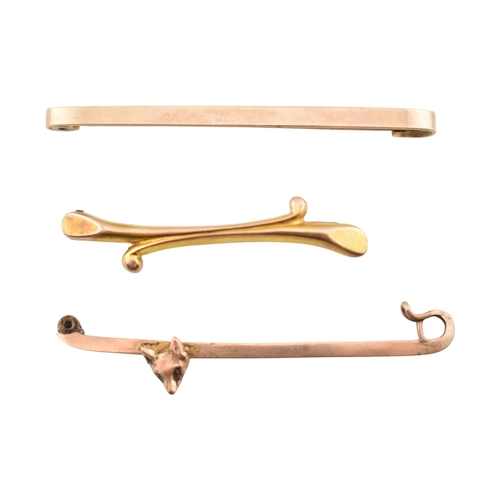 356 - A 9ct gold bar brooch pin together with two other brooch pins one stamped 9ct another unmarked with ... 