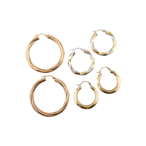 363 - A collection of 9ct gold earrings to include creole hoop earrings, bi-colour and twisted examples. A... 