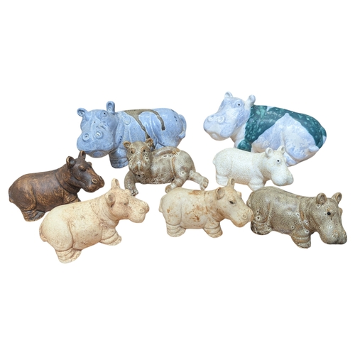 82 - John Bourdeaux Pottery - Eight contemporary ceramic Hippo sculptures. Comprising of two larger hippo... 