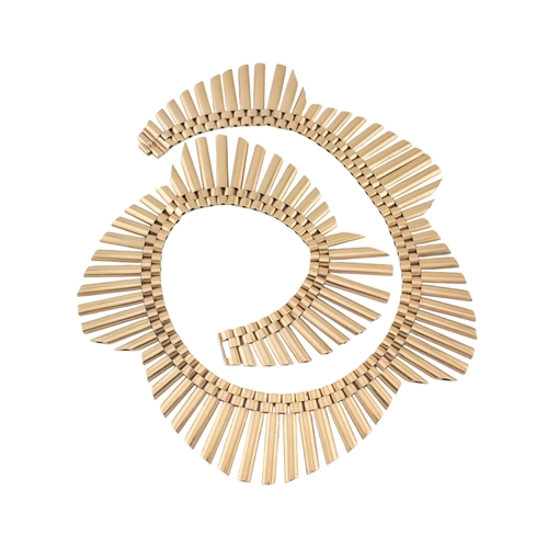 3 - A 1950s hallmarked 9ct gold Cleopatra fringe collar necklace. The necklace with undulating gold link... 