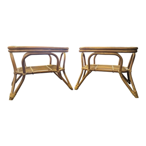616 - Italian Modern Design - A pair of bamboo, rattan weave and glass bedside tables. Hair pin style legs... 
