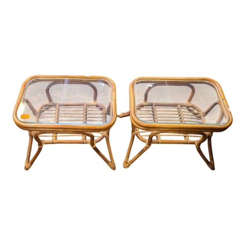 616 - Italian Modern Design - A pair of bamboo, rattan weave and glass bedside tables. Hair pin style legs... 