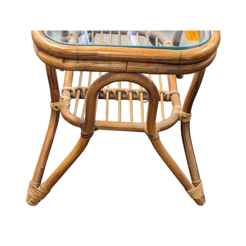 616 - Italian Modern Design - A pair of bamboo, rattan weave and glass bedside tables. Hair pin style legs... 