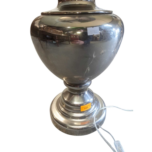 634 - Pair of contemporary polished silver metal table lamps. Having grey conical shades on silver bulbous... 