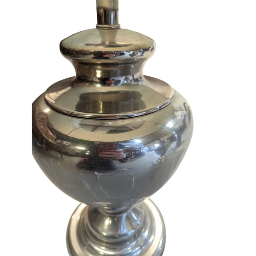 634 - Pair of contemporary polished silver metal table lamps. Having grey conical shades on silver bulbous... 