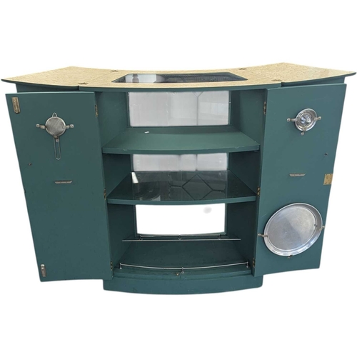 639 - A vintage Art Deco style painted cocktail / drinks portable bar. In a matt green finish, with a fold... 