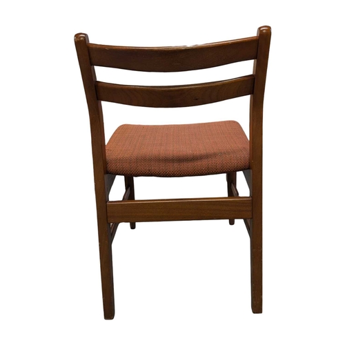 649 - British Modern Design - Set of four mid century teak dining chairs. Angled back splats with padded s... 