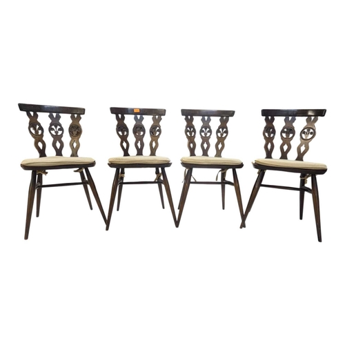 670 - Ercol - Set of four Fleur De Lys vintage 20th century elm dining chairs. Model number 375 on saddle ... 