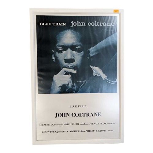 672 - A vintage 20th century John Coltrane Blue Train poster. Featuring an image of Coltrane holding micro... 