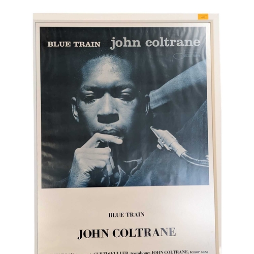 672 - A vintage 20th century John Coltrane Blue Train poster. Featuring an image of Coltrane holding micro... 