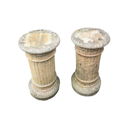984 - A pair of early 20th century outdoor garden stone Corinthian plant stand plinths. Cicrucar form with... 