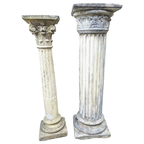 985 - Two vintage 20th century composite stone Corinthian column garden pedestal plant stand. Varying size... 