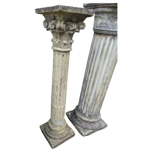 985 - Two vintage 20th century composite stone Corinthian column garden pedestal plant stand. Varying size... 
