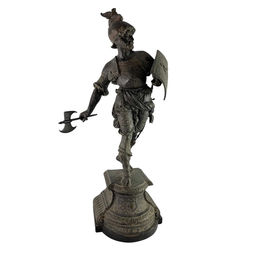 134 - A 19th century Grand Tour spelter figurine of a Spanish conquistador. Raised on an ebonised wooden s... 