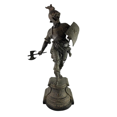 134 - A 19th century Grand Tour spelter figurine of a Spanish conquistador. Raised on an ebonised wooden s... 