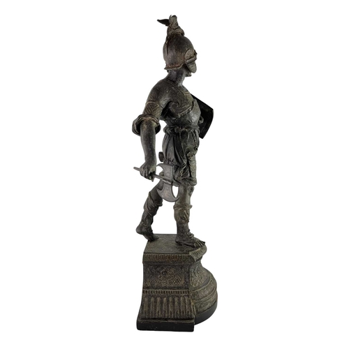 134 - A 19th century Grand Tour spelter figurine of a Spanish conquistador. Raised on an ebonised wooden s... 