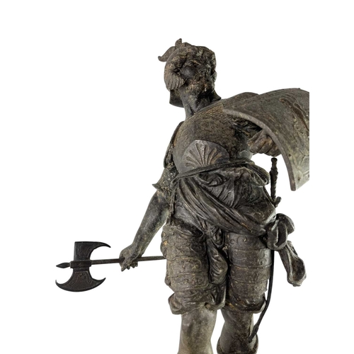 134 - A 19th century Grand Tour spelter figurine of a Spanish conquistador. Raised on an ebonised wooden s... 
