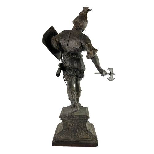 134 - A 19th century Grand Tour spelter figurine of a Spanish conquistador. Raised on an ebonised wooden s... 