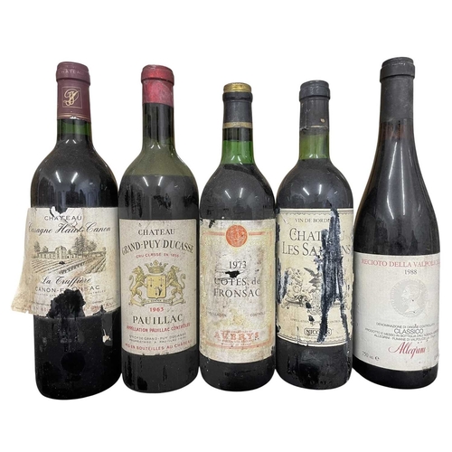 180 - Five assorted bottles of Italian and French red wine. To include an Allegrini Recioto della Valpolic... 