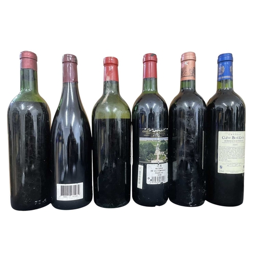 184 - An assortment of six vintage French red wine bottles from the regions of Pauillac, Bordeaux and Gevr... 