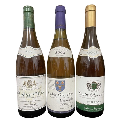 191 - An assortment of three French Chablis white wine bottles. To include a 2000 Chablis Grand Cru Grenou... 
