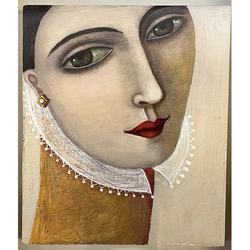 542 - Irene Jones (British, b. 1938) - Claudalie - an acrylic on panel Elizabethan-inspired portrait paint... 
