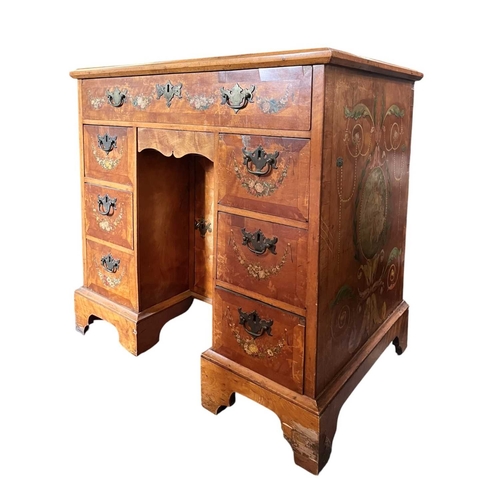 620 - An English late 19th/early 20th century hand painted satinwood pedestal writing desk of small propor... 