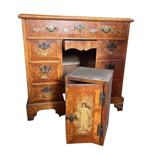 620 - An English late 19th/early 20th century hand painted satinwood pedestal writing desk of small propor... 