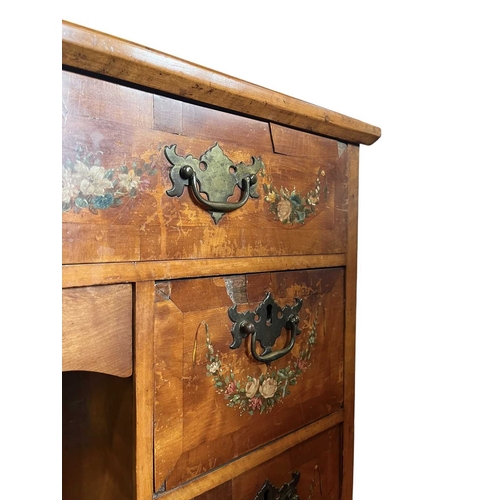 620 - An English late 19th/early 20th century hand painted satinwood pedestal writing desk of small propor... 