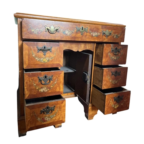 620 - An English late 19th/early 20th century hand painted satinwood pedestal writing desk of small propor... 