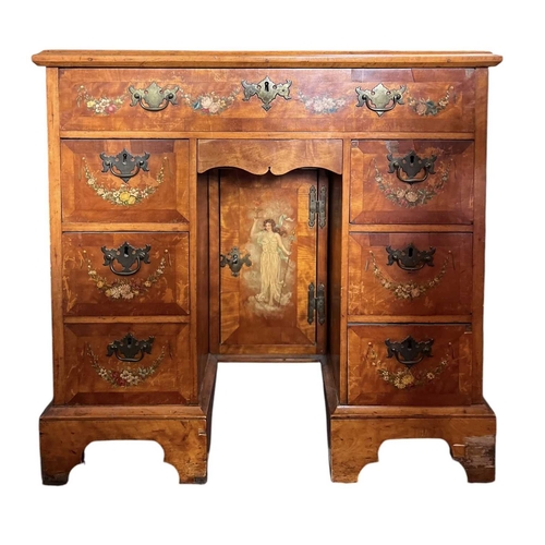 620 - An English late 19th/early 20th century hand painted satinwood pedestal writing desk of small propor... 