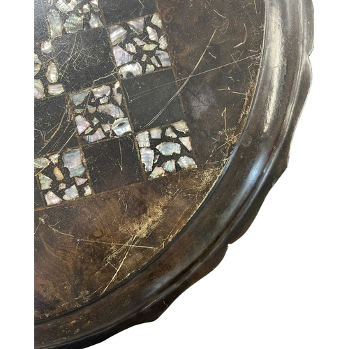 633 - A Victorian 19th century papier-mache and abalone inlaid titl top side table. The table having a rai... 