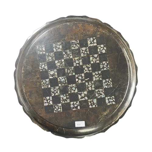633 - A Victorian 19th century papier-mache and abalone inlaid titl top side table. The table having a rai... 