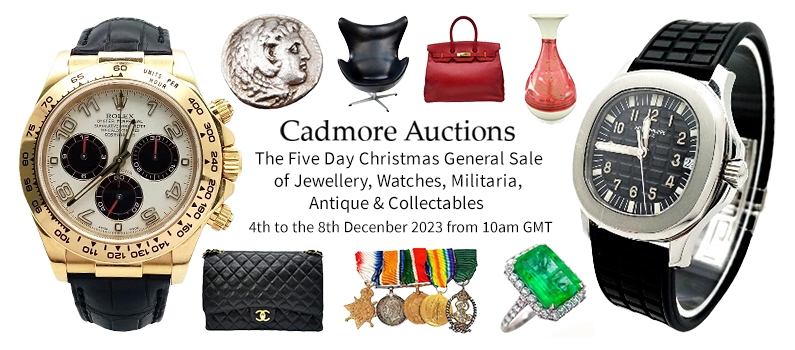 Web banner for Cadmore Auctions Christmas Jewellery Watches Militaria Antiques Collectables