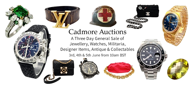 Web banner for Cadmore Auctions Jewellery Watches Militaria Antiques Collectables