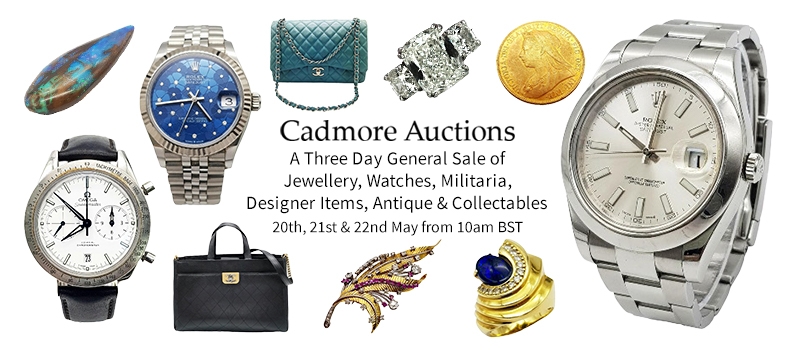 Web banner for Cadmore Auctions Jewellery Watches Militaria Antiques Collectables
