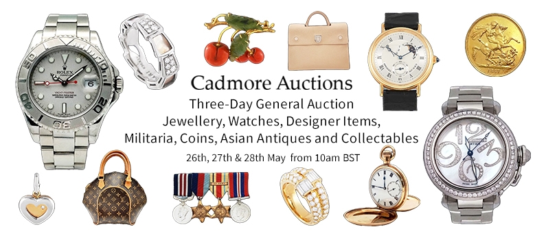 Web banner for Cadmore Auctions Jewellery Watches Militaria Antiques Collectables