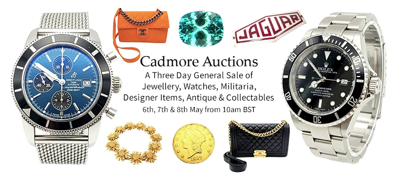 Web banner for Cadmore Auctions Jewellery Watches Militaria Antiques Collectables sale