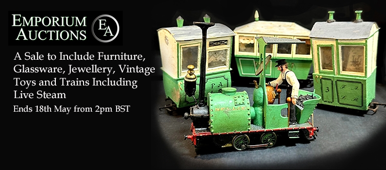 Web Banner for Emporium Auctions Timed Auction to Include Glassware, Jewellery, Vintage Toys & Trains