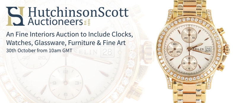 Web Banner for Hutchinson Scott Fine Interiors Auction Featuring Clocks. Watches, Glassware,