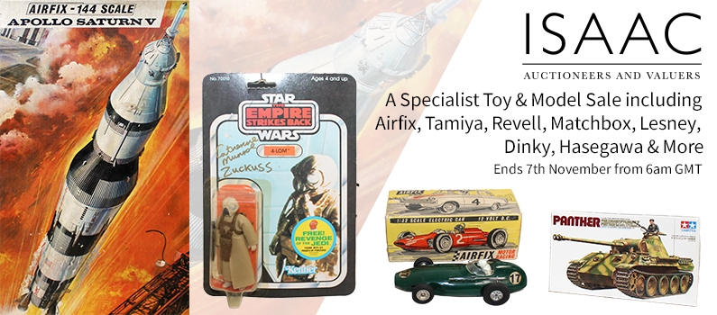 Web Banner for Isaac Auctioneers Specialist Toy and Model Auction.  Manufacturers Include Airfix, Tamiya, Revell, Matchbox, Lesney, Corgi, Dinky, Hasegawa Plus Others