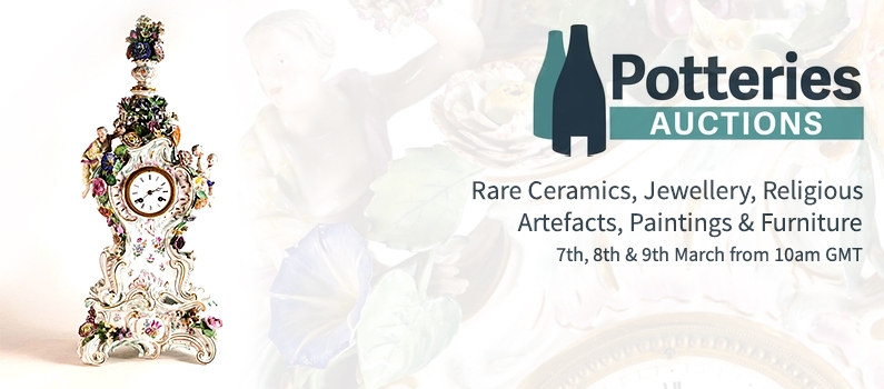 Web Banner for Potteries Auctions Rare Ceramics, Collectables, Jewellery, Religious Artefacts, Paintings and Furniture Auction