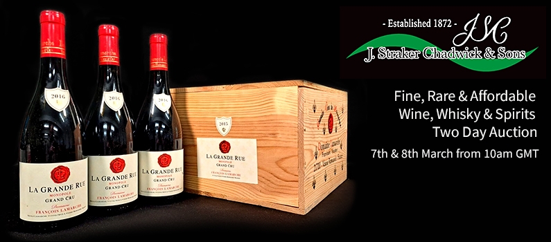Web Banner for J Straker Chadwick Fine Rare and Affordable Wine Whisky and Spirits Two Day Auction.