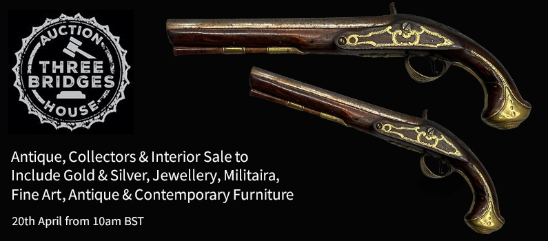 Web Banner for Three Bridges Auction House Antique, Collectors and Interior Sale